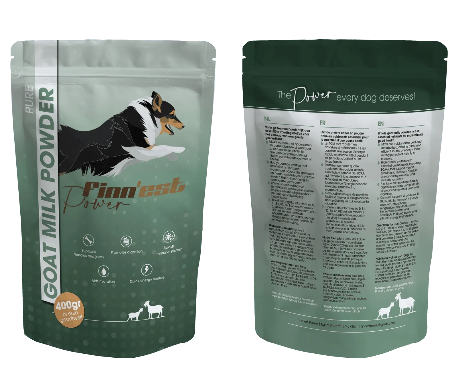 Finn'est Power volle geitenmelkpoeder voor honden — verpakking 400 g